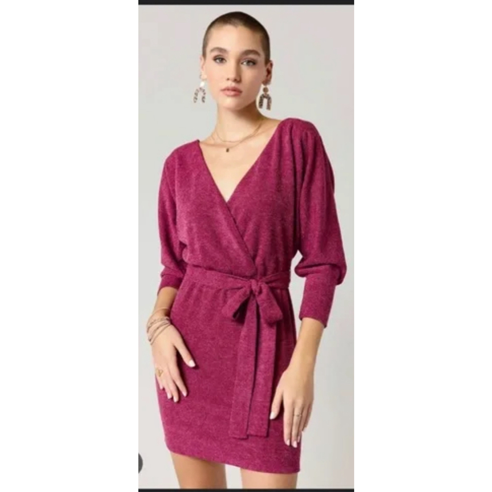 Francesca’s Women’s Large Magenta Wrap Front Tie Waist Mini Dress NWT $48